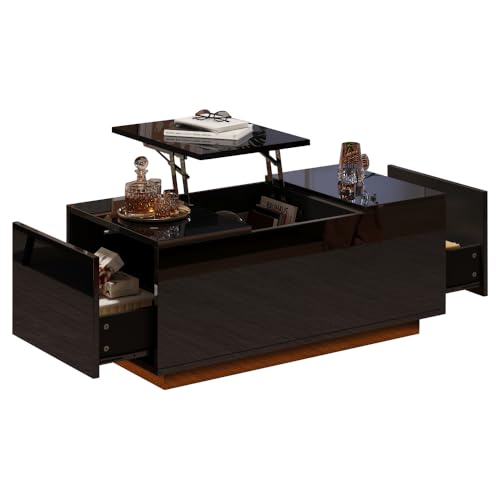 Couchtisch mit Hebeplatte, höhenverstellbar ausziehbar, Wohnzimmertisch mit 2 Schubladen, Sofatisch mit LED,Multifunktionaler Lift-up-Kaffeetisch, Schwarz 95 * 48 * 40cm (Black + Particle Board) von OCACA