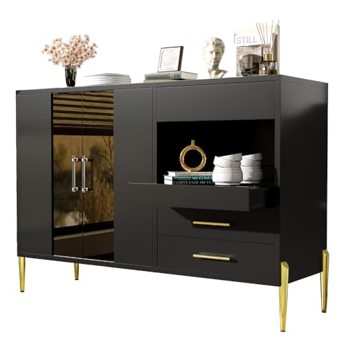 Leichtes, luxuriöses, modernes Sideboard mit eleganter, tealfarbener Glastür, Griffe aus Kristall-Acryl für Esszimmer und Wohnzimmer, galvanisierte, goldene Eisenbeine, schwarzer Korpus Leichtes, luxuriöses, modernes Sideboard mit eleganter, tealfarbener Glastür, Griffe aus Kristall-Acryl für Esszimmer und Wohnzimmer, galvanisierte, goldene Eisenbeine, schwarzer Korpus von OCACA