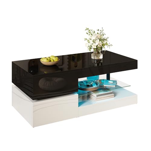 Moderner Couchtisch mit LED-Ambientebeleuchtung, APP- und Bluetooth-Steuerung, Glasablage & Hochglanz-Oberfläche, Schwarz-Weiß-Design für Wohnzimmer, 90x45x35,5 cm (Black + White + Particle Board-1) von OCACA