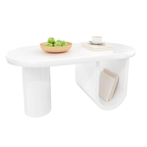 Moderner ovaler Couchtisch in Weiß, Coffee Table– Schlichtes Design, stabile U-förmige Beine, Pflegeleichte Oberfläche, perfekt fürs Wohnzimmer, geräumiger Stauraum, Maße: 98,5 x 53,5 x 42 cm. von OCACA