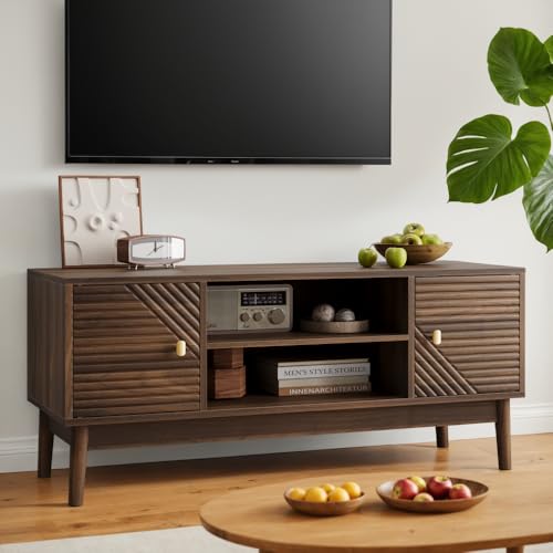 OCACA 110 cm TV-Ständer, Mid-Century Modern TV-Ständer für 32/45 Zoll Fernseher, Entertainment-Center mit Stauraum, Medienkonsolentisch für Wohnzimmer und Schlafzimmer, Walnuss von OCACA