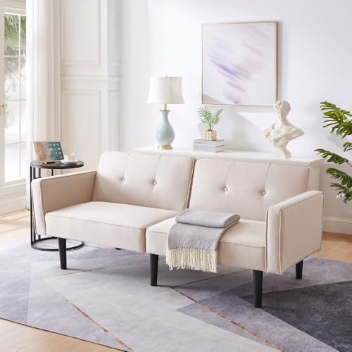 OCACA 2-in-1-Sofabett, Zweisitzer-Sofa, unabhängig verstellbare Doppelrückenlehnen, mit Schlaffunktion, Baumwoll-Leinen-Stoff, hochdichter Schaumstoff (Beige) von OCACA