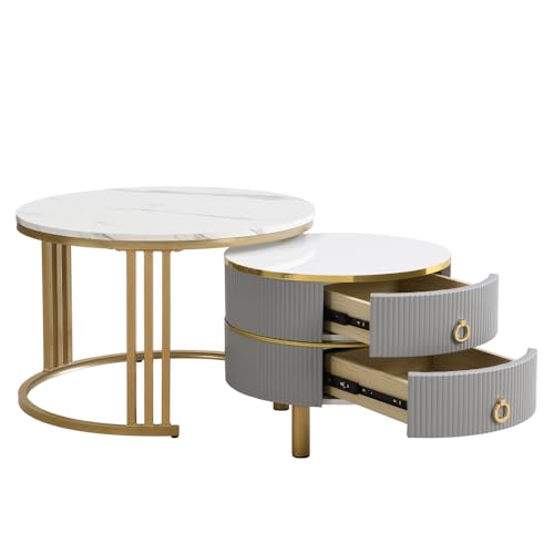 OCACA 2-in-1 runder MDF-Couchtisch, Beistelltisch mit glänzender Platte und 1 weißer Marmorplatte, Wohnzimmer-Couchtischkombination mit 2 Schubladen, 70 * 70 * 46 + 50 * 50 * 40 cm (Grey + MDF) von OCACA