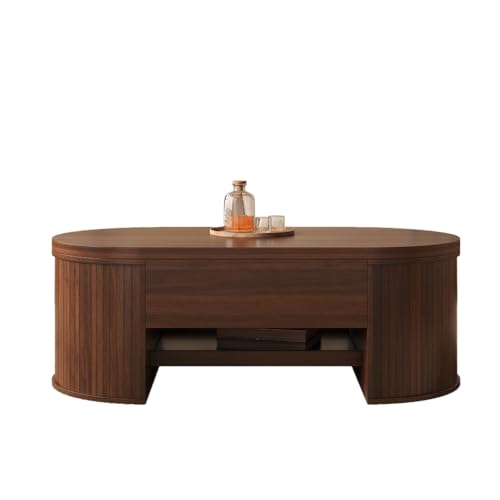 OCACA Anhebbarer Couchtisch, Couchtisch mit gebogenen Holzseiten, ausziehbarem Regal, anhebbarer Tischplatte, multifunktionales Wohnzimmermöbel. (Natural Walnut + MDF) von OCACA