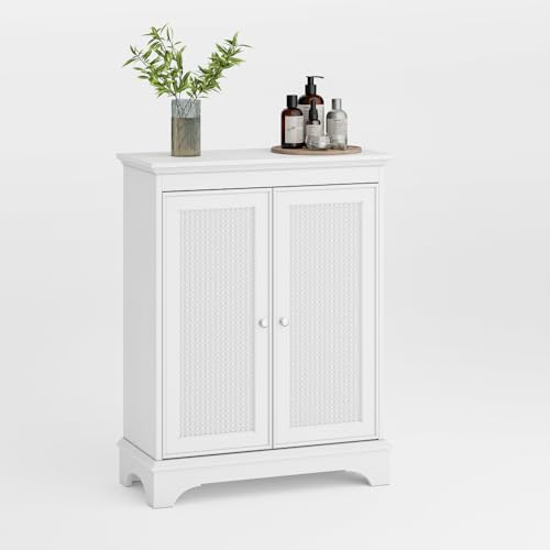 OCACA Bodenstehendes Badezimmer mit Stauraum, weißer Badezimmerschrank mit Korbtür und verstellbarem Regal, unabhängiger moderner Badezimmerschrank, Wohnzimmer, Küche von OCACA