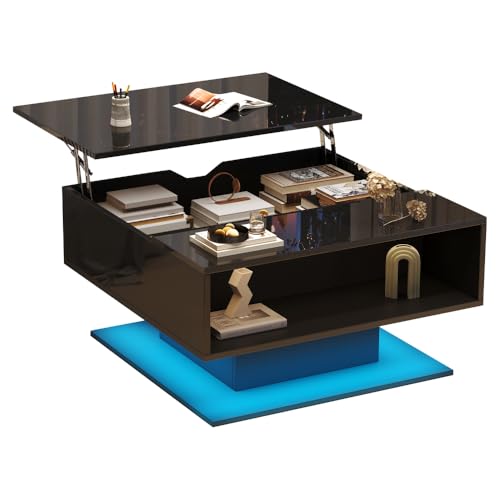 OCACA Couchtisch mit hydraulischem Aufzug,Hochglanz-Sofatisch,Wohnzimmertisch mit Stauraum,halboffener Stauraum,Geometrischer kaffeetisch,Ergonomischer Wohnzimmer-Beistelltisch,Schwarz 80 * 77 * 40cm von OCACA