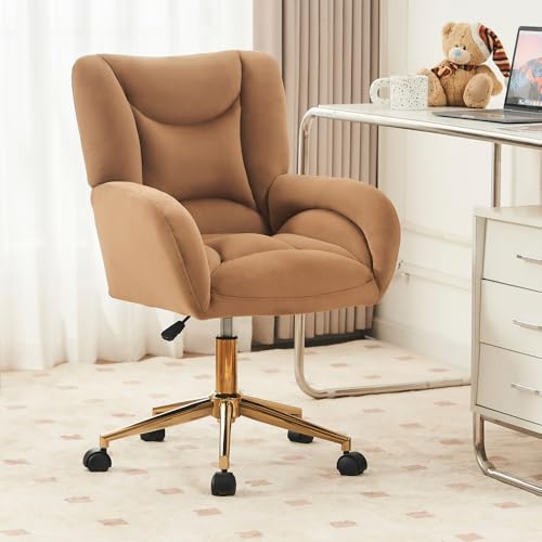 OCACA Full Velvet Stoffmaterial Höhenverstellbarer Drehstuhl mit Armlehnen und Rückenlehne für das Home-Office im Innenbereich mit goldenen Beinen, Elfenbein (Braun) von OCACA