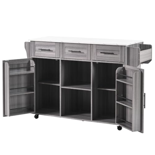 OCACA Große Anrichte/Esswagen – Weißer Korpus + Massivholz-Arbeitsplatte, klappbarer Tischtop, Rollen, 139x46(71) x91,5 cm (Gray + MDF + European) von OCACA