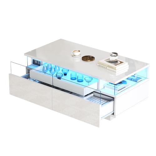 OCACA Hochglänziger Schwarz-Couchtisch mit Tablett & LED-Licht – Sofatisch aus gehärtetem Glas mit 2 Schubladen (90×45×35.5 cm) (White + Particle Board) von OCACA