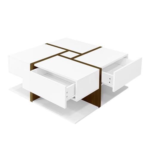 OCACA Hochglanz-Couchtisch, Tisch mit 4 Schubladen, einzigartige Farbabstimmung und Liniendesign, Stauraum unten. 78 * 78 * 36cm (White + Particle Board-1) von OCACA