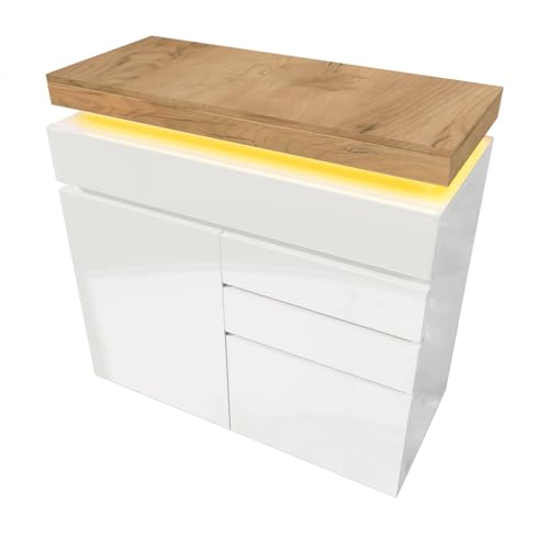 OCACA Kommode, Hochglanz Sideboard mit 2 Türen und 3 Schubladen, LED Beleuchtung (App Control), Mehrzweckschrank für Wohnzimmer und Schlafzimmer, 81 x 140 x 39 cm, Weiß (White + Particle Board-1) von OCACA