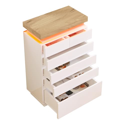 OCACA Kommode, Hochglanz Sideboard mit 2 Türen und 3 Schubladen, LED Beleuchtung (App Control), Mehrzweckschrank für Wohnzimmer und Schlafzimmer, 81 x 140 x 39 cm, Weiß (White + Particle Board-2) von OCACA