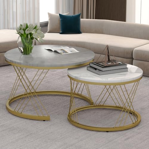 OCACA Moderne Nesting Couchtisch, Couchtisch Satz Marmor Furnier Sofa Seite Nest von Tischen Runde Endtische, Satz von 2, Goldene Farbe Frame (Grau+Weiß,70 * 70 * 45cm) von OCACA