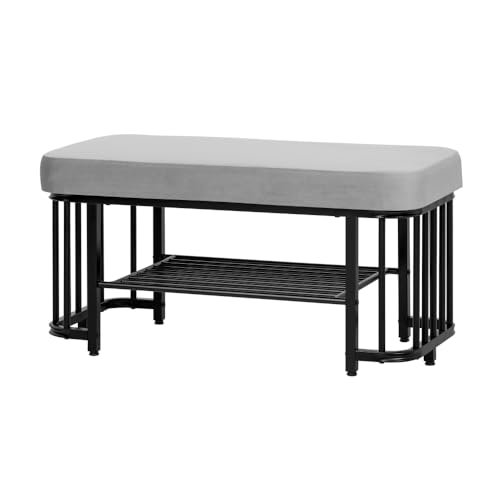 OCACA Moderne Samt-Schuhbank mit Metallgestell – Platzsparende Flurbank mit verstellbaren Füßen für Flur, Schlafzimmer und kleine Wohnungen (Grey+Black + Metal) von OCACA