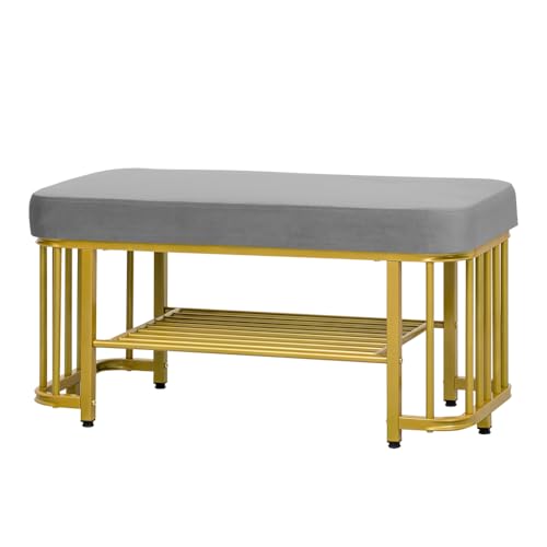 OCACA Moderne Samt-Schuhbank mit Metallgestell – Platzsparende Flurbank mit verstellbaren Füßen für Flur, Schlafzimmer und kleine Wohnungen (Grey+Gold + Metal) von OCACA