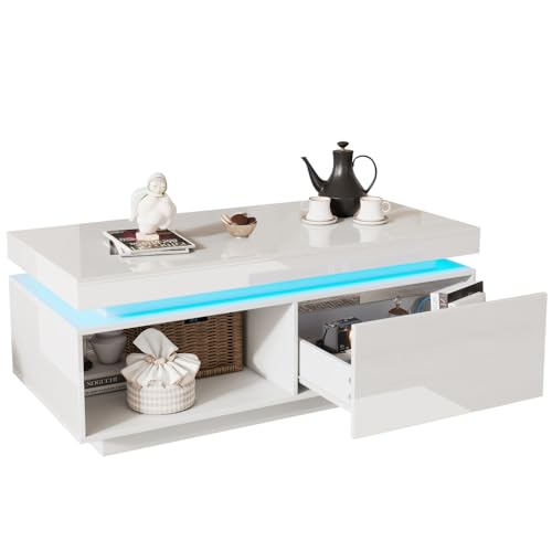 OCACA Moderner Hochglanz-Couchtisch mit LED-Beleuchtung – Eleganter Tisch mit Schublade und 50 kg Tragkraft, 100x50x40,3 cm (White + Particle Board-2) von OCACA