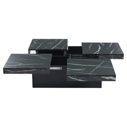 OCACA Moderner Schwarz Quadratischer Couchtisch mit Marmor-Optik– Vier Schubladen, Schiebbarer Tischplatte, Belastbar bis 30 kg, 90 x 90 x 25 cm von OCACA