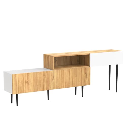 OCACA Moderner TV-Schrank mit Verstellbarer Länge, Modulares 2-teiliges Design, Holzoptik + Weiß matt, Schwarze Metallbeine, Multifunktionales Wohnzimmermöbel OCACA Moderner TV-Schrank mit Verstellbarer Länge, Modulares 2-teiliges Design, Holzoptik + Weiß matt, Schwarze Metallbeine, Multifunktionales Wohnzimmermöbel von OCACA
