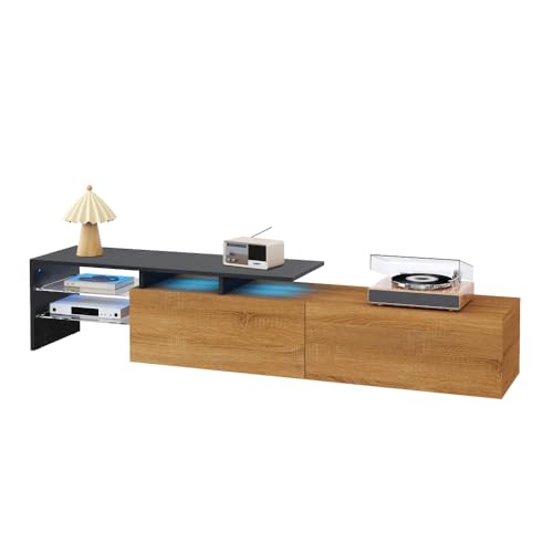 OCACA Modernes TV-Schrank-Design: stilvoll und elegant, praktischer Stauraum, Hochglanzschwarz, Holzoptik, Glasböden, LED-Beleuchtung (Black+Natural + Particle Board-1) von OCACA