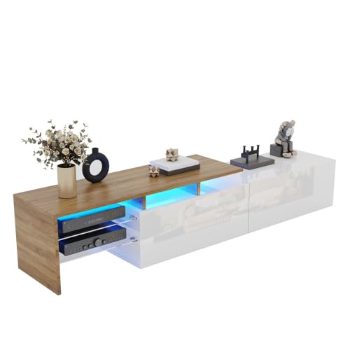 OCACA Modernes TV-Schrank-Design: stilvoll und elegant, praktischer Stauraum, Hochglanzschwarz, Holzoptik, Glasböden, LED-Beleuchtung (White+Natural + Particle Board) von OCACA