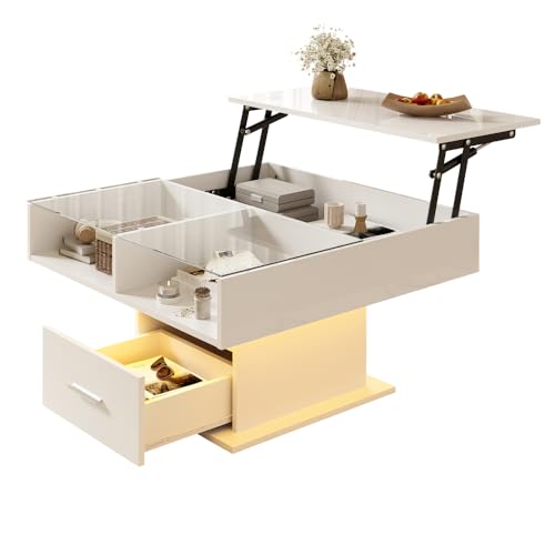 OCACA Multifunktionaler Hochglanz-Lift-Couchtisch mit LED-Beleuchtung, Verstellbarer Höhe & flexiblem Stauraum – modernes Design für Wohnzimmer, Büro & kleine Wohnungen (White + Particle Board) von OCACA