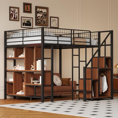 OCACA Multifunktionales Hochbett 140 x 200 cm, Metallbett mit Stauraum, Ablageflächen und Treppe, Erwachsenenbett und Kinderbett (Schwarz) von OCACA