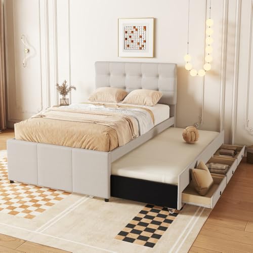 OCACA Polsterbett, Doppelbett, Familienbett, Ehebett mit DREI Schubladen, ausziehbares Bett, Verstellbares Kopfteil (Beige,90cm*200cm) von OCACA