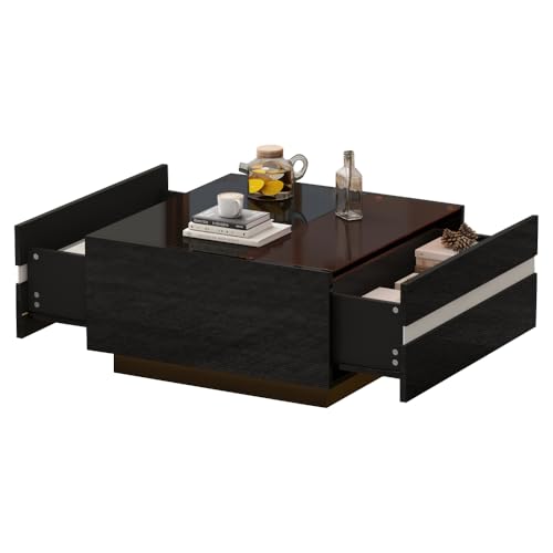 OCACA Quadratischer Teetisch, Couchtisch mit LED,Hochglanz-Sofatisch mit 2 Schubladen, Wohnzimmertisch,Kaffeetis aus gehärtetem Glas, Beistelltisch mit geometrische Design 70 * 70 * 36 cm von OCACA