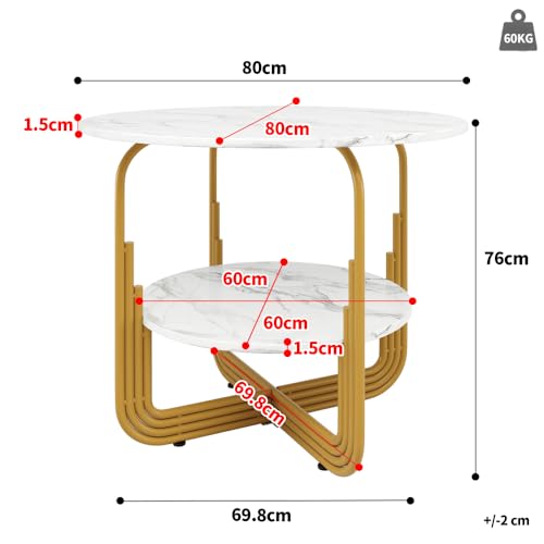 OCACA Runder Esstisch, Küchen-Esstisch, runder Couchtisch für 4 Personen, kleine runde Platte in der Mitte zur Aufbewahrung, geeignet für Esszimmer, Wohnzimmer, MDF-Marmor-Tischplatte (80×80×76cm) von OCACA