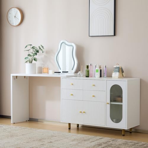 OCACA Schminktisch mit LED-beleuchtetem Spiegel, Weißes Schminktisch-Set mit ausziehbarem Design, moderner Kosmetiktisch für das Schlafzimmer (B100/H74.5/T40 cm) von OCACA