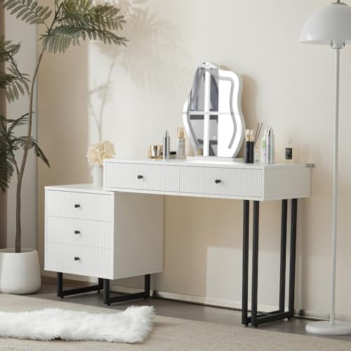 OCACA Schminktisch mit LED-beleuchtetem Spiegel, Weißes Schminktisch-Set mit ausziehbarem Design, moderner Kosmetiktisch für das Schlafzimmer (B100/H76/T40 cm) von OCACA