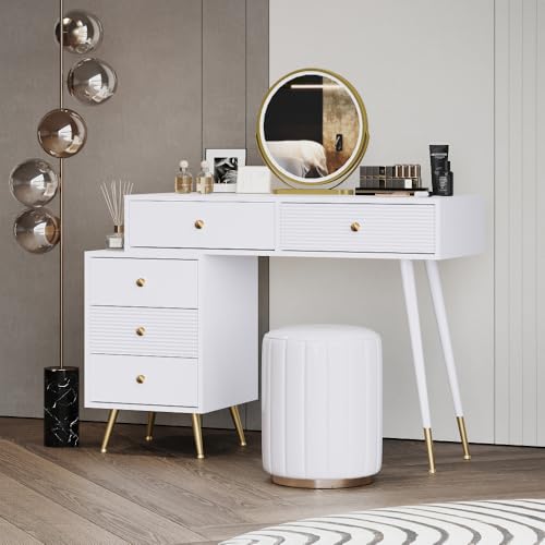 OCACA Schminktisch mit LED-beleuchtetem Spiegel, Weißes Schminktisch-Set mit ausziehbarem Design, moderner Kosmetiktisch für das Schlafzimmer (B100/H78/T40 cm Natürlich) von OCACA