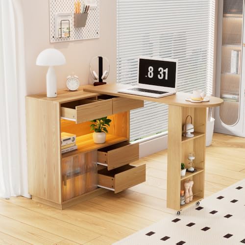 OCACA Schreibtisch, L-förmiger Schreibtisch mit Ablage, schwenkbare Tischplatte mit LED-Lichtband Bürotisch, für Arbeitszimmer, Schlafzimmer von OCACA