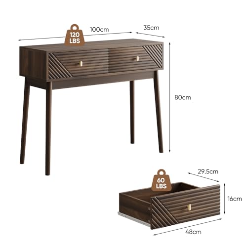 OCACA Schreibtisch, Mid-Century Modern Konsolentisch mit Schubladen, Retro-Empfangstisch mit offenen Ablageflächen, moderner Sofatisch für Wohnzimmer, Foyer und Flur, Walnuss von OCACA