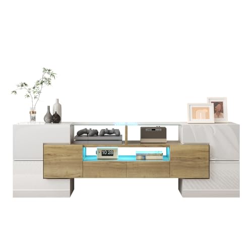 OCACA Stilvoller TV-Schrank, Lowboard. hochglänzendes Weiß, 145 cm, LED-Beleuchtung, Wohnzimmermöbel. modernes Design. Elegante Glasoberfläche. (White+Gold + Particle Board + 50-59 inches) von OCACA