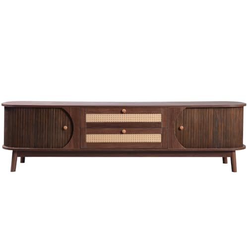 OCACA TV-Schrank-Natürlicher Holz-Blend TV-Schrank mit Türen und Schubladen. TV-Ständer mit Rattanseiten. Aufbewahrungslösung, Natürlicher Landhausstil. (Natural + MDF + 50-59 inches) von OCACA