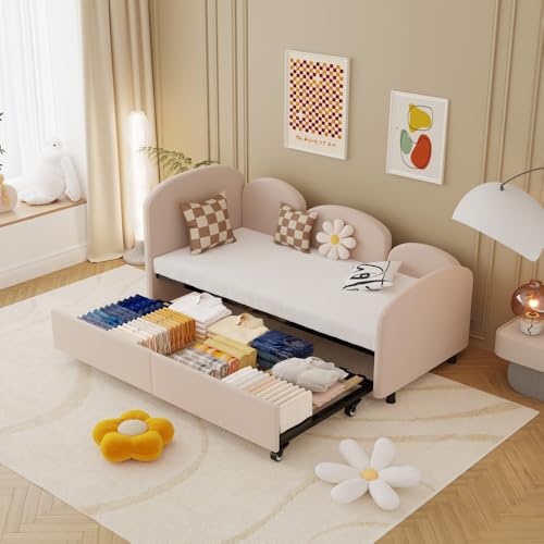 OCACA Twin Size Daybed mit Storage Drawers, Velvet gepolstert Daybed, Schlafzimmer Wohnzimmer Modern Sofa Bed Daybed Frame für Wohnzimmer, Kinderzimmer, Schlafzimmer,Modern Style (Rosa) von OCACA