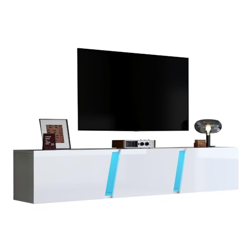 OCACA Wandmontierter TV-Schrank, Lowboard mit LED-Leuchten, mit 3 Schranktüren, geeignet für 75-Zoll-Fernseher, Fernsehschrank Hochglanz, Weiß 180 x 35 x 30 cm OCACA Wandmontierter TV-Schrank, Lowboard mit LED-Leuchten, mit 3 Schranktüren, geeignet für 75-Zoll-Fernseher, Fernsehschrank Hochglanz, Weiß 180 x 35 x 30 cm von OCACA