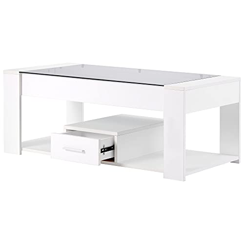 OCACA Wohnzimmer Couchtisch mit Glasplatte, Schließfächern und Stauraum, Weiß 100 x 50 x 40cm von OCACA