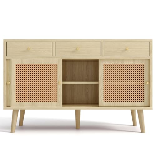 Sideboard/Kommode: 1 Schublade, 2 magnetische Türen mit Rattangeflecht, Massive Holzbeine, Schwarz-Metall-Bügelgriff, verstellbare Ablagen, Eiche (120x40x80cm) (Oak + MDF) von OCACA