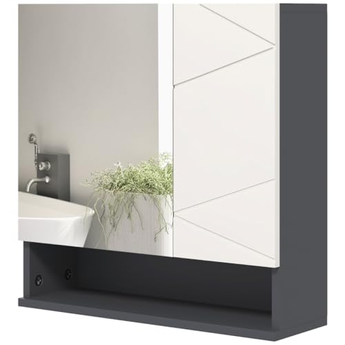 Spiegelschrank Bad, Badezimmerschrank mit Spiegel, Hängeschrank mit Verstellbar Ablage, Offenes Fach, Anti-Beschlag-Funktion, Wandschrank 55x17x55cm Grau von OCACA