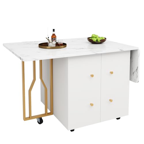 Tragbarer Esstisch, klappbare Tischplatte, marmorierte Tischplatte, geeignet für Esszimmer, Wohnzimmer, verstellbare Trennwände, große Ablagefächer, 6 Rollen (2 feststellbar), goldene Tischbeine von OCACA