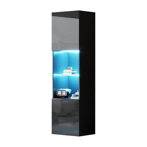 Weiße Hochglanzvitrine mit LED-Beleuchtung, 1 Glasböden, Vitrinen, freistehende Vitrinen, Hochschränke, Lagerschränke, 45 * 35 * 160 cm (Black + Particle Board-1) von OCACA