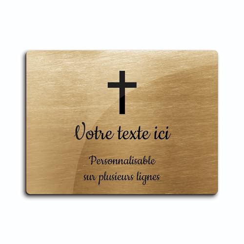 OCAP-FUNERAIRE.COM Gedenktafel mit Gravur, Motiv christliches Kreuz, selbstklebend, Modell Rechteck (20 x 15 cm), personalisierbar, 1 bis 3 Linien, gebürstetes Gold von OCAP-FUNERAIRE.COM