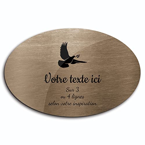 OCAP-FUNERAIRE.COM Grabschild mit Gravur "Eine Taube mit selbstklebendem Zweig, oval (20 x 13 cm), personalisierbar, 1 bis 3 Zeilen, bronzefarben von OCAP-FUNERAIRE.COM