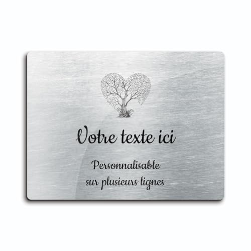 OCAP-FUNERAIRE.COM Grabschild mit Gravur Motiv Baum Herz, selbstklebend, Modell Rechteck (20 x 15 cm), personalisierbar, 1 bis 3 Linien, gebürstetes Aluminium von OCAP-FUNERAIRE.COM