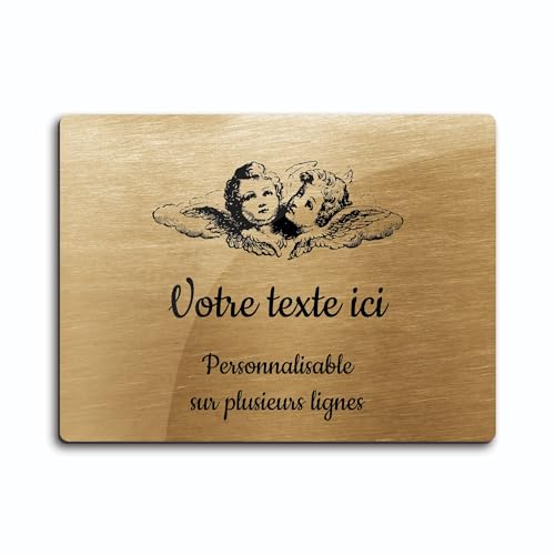 OCAP-FUNERAIRE.COM Grabschild mit Gravur "Zwei Engelsköpfchen", selbstklebend, Modell Rechteck (20 x 15 cm), personalisierbar, 1 bis 3 Linien, gebürstetes Gold von OCAP-FUNERAIRE.COM