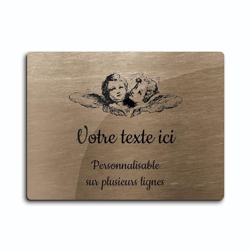 Graviertes Schild mit zwei Engelsköpfen, selbstklebend, rechteckig, 20 x 15 cm, personalisierbar, 1 bis 3 Zeilen, bronzefarben von OCAP-FUNERAIRE.COM
