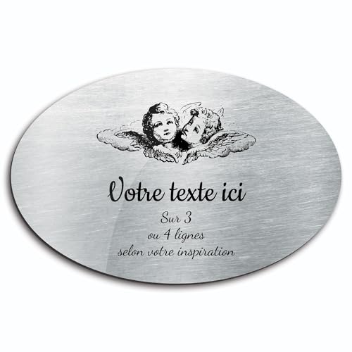 Gedenktafel mit Gravur, Motiv Zwei Engelsköpfe, selbstklebend, ovales Modell (20 x 13 cm), personalisierbar, 1 bis 3 Zeilen, gebürstetes Aluminium von OCAP-FUNERAIRE.COM