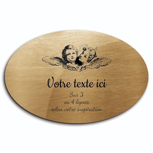 OCAP-FUNERAIRE.COM Grabschild mit Gravur "Zwei Engelsköpfchen", selbstklebend, Modell oval (20 x 13 cm), personalisierbar, 1 bis 3 Linien, goldfarben gebürstet von OCAP-FUNERAIRE.COM